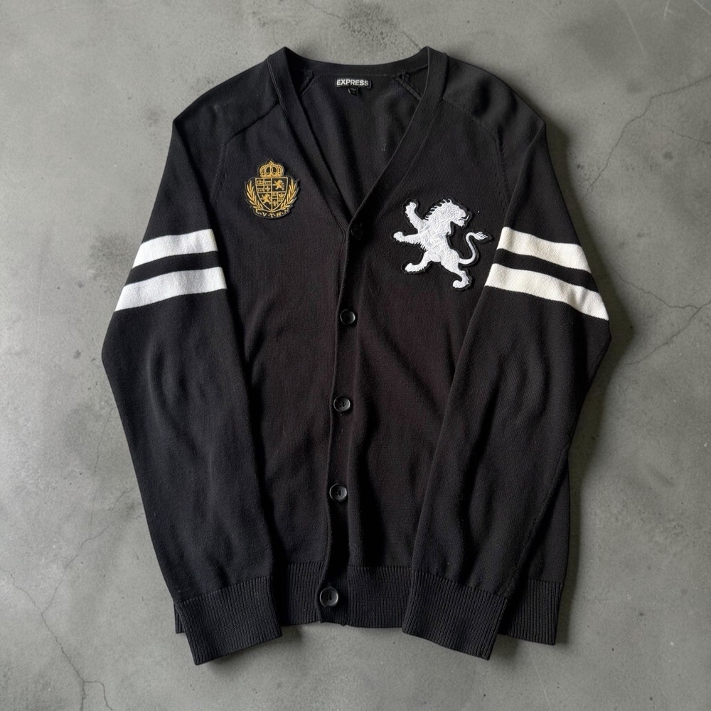Express Cardigan Sweater Medium Black Varsity Preppy Y2K Lion Crest Mens